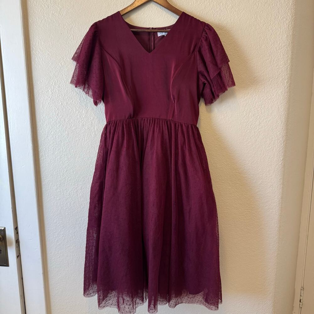 Ivy City Co Burgundy Swiss Dot Tulle Flutter Sleeve Midi Dress Size S